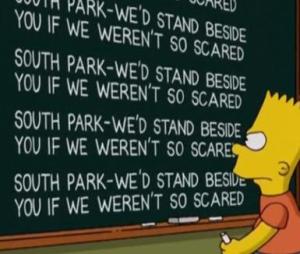 I'm looking at YOU, Simpsons! - The Simpsons' reaction to South Park's battle to air a controversial episode featuring the Muslim prophet Muhammed.